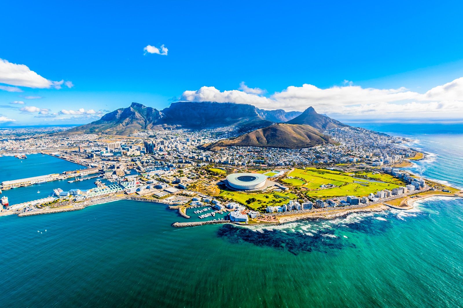 Aerial view of Cape Town, Table Mountain and the Atlantic coastline.