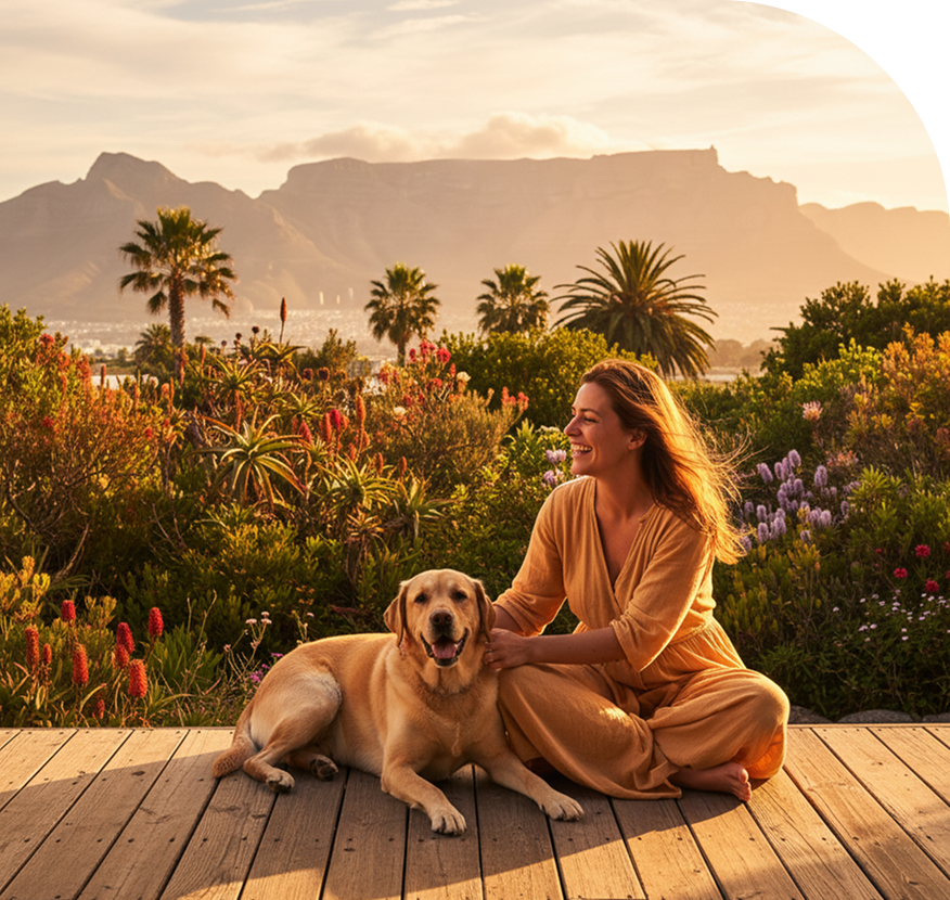 Pet sitter relaxing outdoors with a dog in a scenic South African setting.