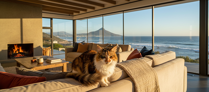 Cat relaxing inside a modern home with mountain and ocean views.